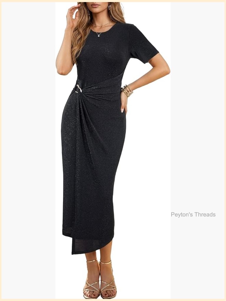 Ruched Midi Bodycon Dress With Metal Buckle, U-Neckline, Short Sleeve